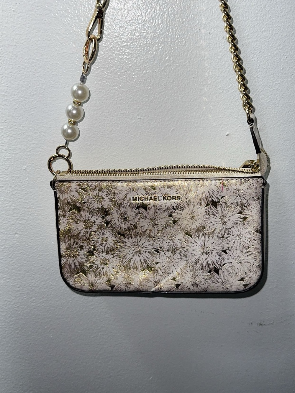 MICHAEL KORS Floral Medium Shimmering Chain Pochette Shoulder Bag - Cream/Gold